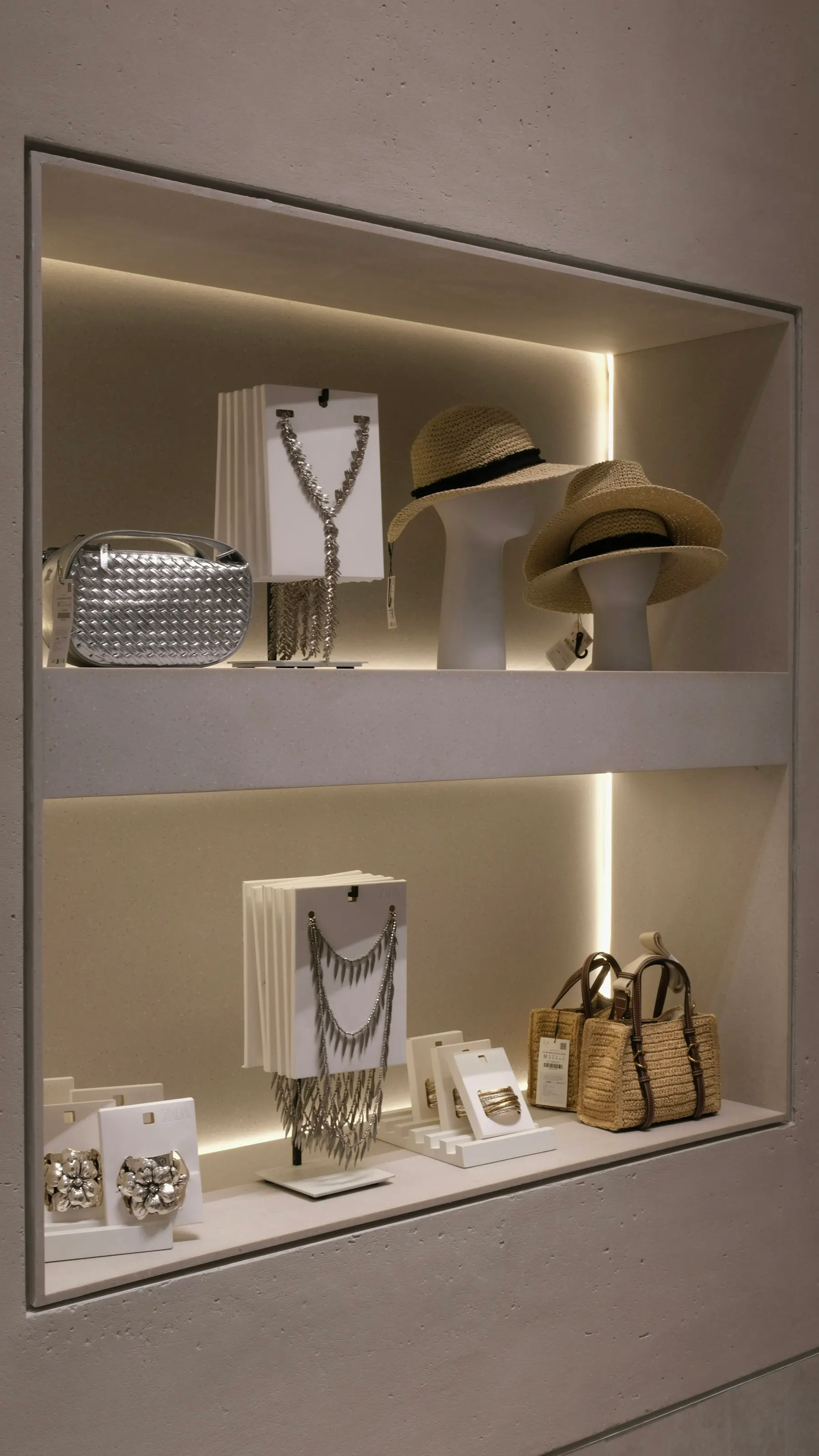 Jewelry, handbags, and fashion accessories in a retail display